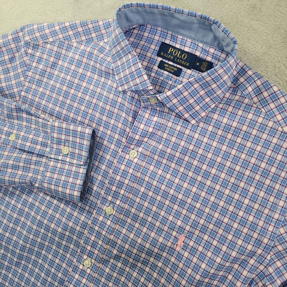 Polo Ralph Lauren Shirt Mens Medium Blue Check Long Sleeve Button Down Stretch